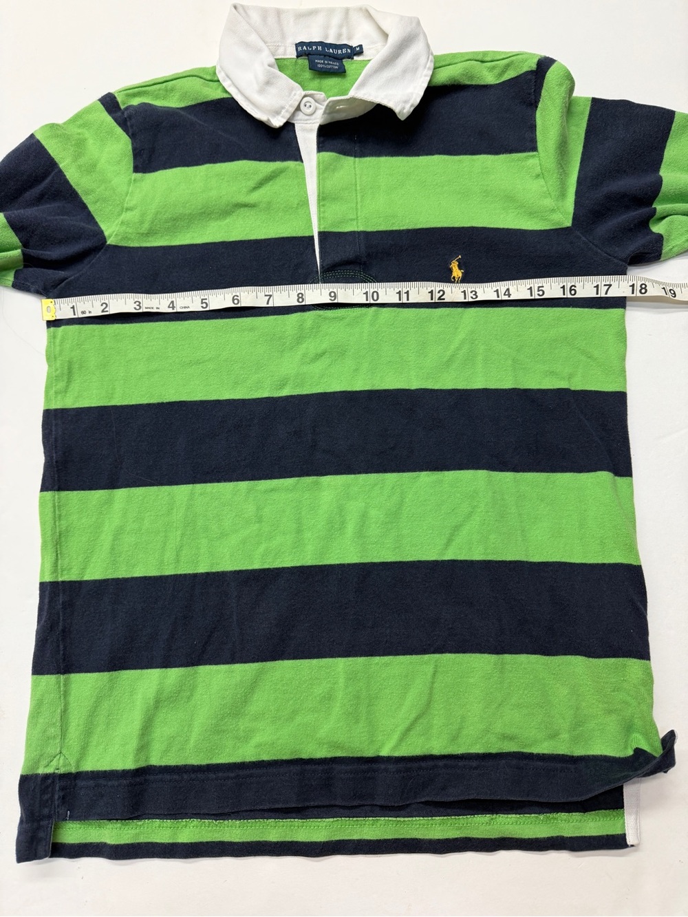 Vintage Y2K Ralph Lauren Green & Navy Blue Striped Rugby Polo Shirt Collared - Picture 5 of 5